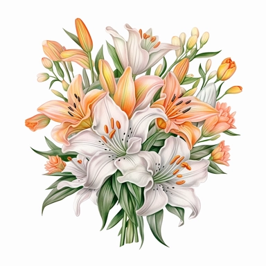 a bouquet of bright white lilies with peach rose buds, color pencil sketch on a white background for clipart