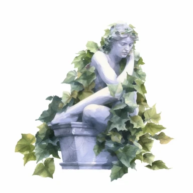 simple watercolor not so much deatil white marble statue in ivy leaves clipart with white background
