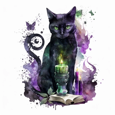 a beautifull gothic witch cat with watercolour effect,mystic witch book,mystic candlestick,shiny natural diamond,twinkles,suitable for digital clipart ,purple color,green color, white background