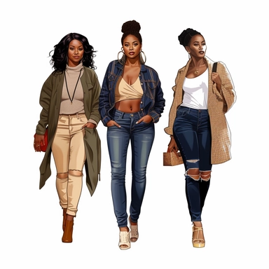 Full body, three full-figure African-American women with brown skin, streetwear, clipart style, white background, highly detailed, very attractive, glamorous, make up beautiful, gorgeous, glowing, happy, smiling