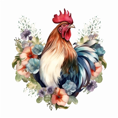 water color clipart of Rooster with florals, Watercolor Sublimation design, white background for removing background