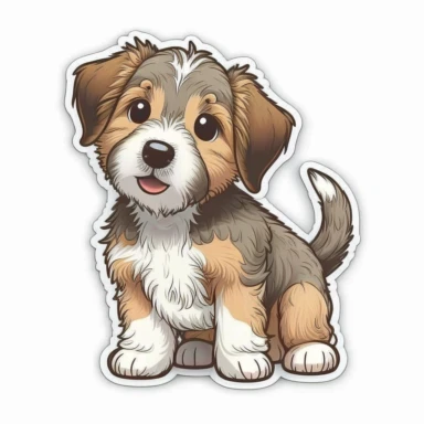 Sticker, cartoon of mutt mixed puppy, cute, funny, clipart style, vector style, character by Cory Loftis, white background