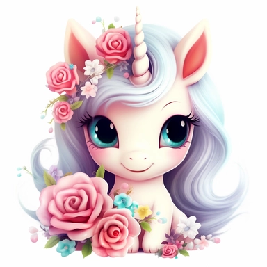 white background Clipart 3D cute painting of an adorable baby unicorn with big baby blue eyes shy little with roses pastel pinks roses and reds roses all around pastel colourful flowers vivid clear detailed roses pansies and lavender all around clipart detailed cartoon style cartoon of happy cute little tiger beautiful sparkling and pearls Clipart image shimmer and shells and starfish pastel flowers all around pastel light colors gorgeous hyper realistic big glass blue eyes for detail the hyper 