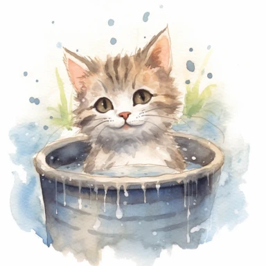 watercolor illustration, kitten smiling with an open mouth and with a towel over the head and enjoying a hot spring, surrounded by gentle steam rising from the onsen water, feeling the pleasant sensation. Small bubbles dance through its fur, creating a mysterious yet beautiful sight. The cat stretches out, gradually unwinding, as the warmth of the onsen melts away the tension in its muscles. It gracefully savors the serene atmosphere and the gentle touch of nature, embracing the tranquility of t