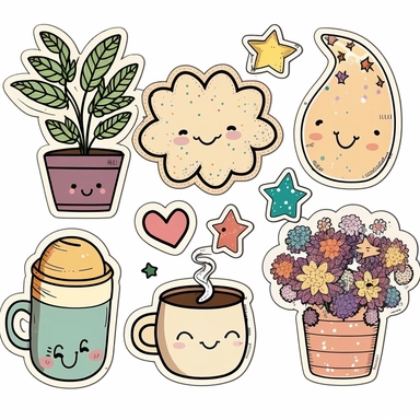 Create a set of five sticker clipart images that could be used to decorate a journal. The images should be cute, colorful, and have a hand-drawn feel. The images could include things like flowers, hearts, stars, animals, and other fun shapes. Each image should be approximately 2 inches in size and have a transparent background, so it can be easily added to any journal page.