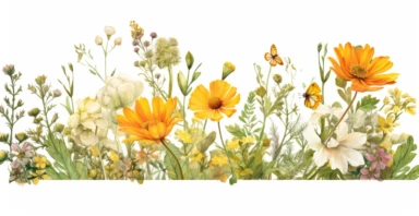 Pressed boho cottagecore floral clipart Peony, ranunculus, sunflower and verbena floral border wildflowers with green foliages floral nature garden border, clipart with white background