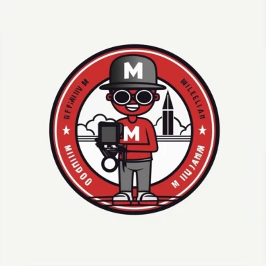 minimalist style logo with circular banner Letter mark MP for movie production team with a smirking dope boy mascot with bobble doll sized head, oversized red sneakers, clapperboard and a heavy supersized movie camera in his hand directed at me. Annimated cartoon clipart style. Inspired by black superhero. Emphasize Hat, oversized red sneakers, heavy supersized movie camera and cross white background.