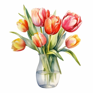 Watercolor tulip in vase bouquet clipart , white background