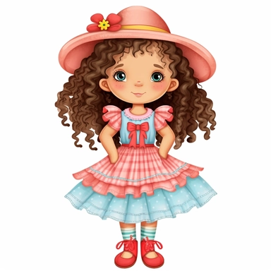 country girl from festa junina from brazil cute drawing on white background, hugh eyes, cute dress, ribbons in head, curly long hair, clipart, happy, cartoon, red boots,