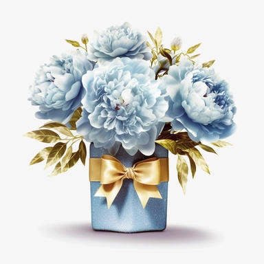 Watercolour realistic pastel blue iridescent glitter peonies in flower bouquet box with delicate ribbon bow wrapped around it intricately realistically detailed pastel blue peonies, PNG image,transparent background ,ultra highly detailed, 18k, sharp focus, bright photo with vibrant colours, digitally enhanced,photographic, enhanced graphics, png format, straight, sharp focus, bright lighting, intricate detailed png image ,high definition,300dpi,graphic clipart,computer graphics