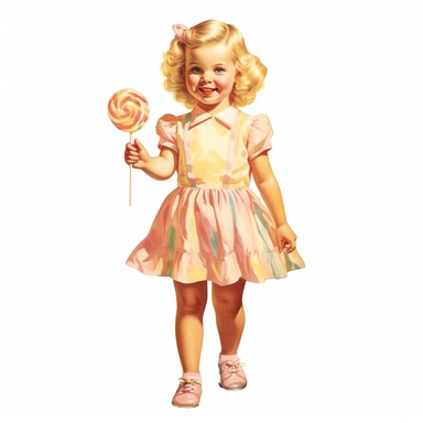 French vintage cute happy blonde little girl with pink cheeks eating lollipops candies, full body, clipart style, accurate details, oil painting technique, super high quality, professional oil painting clipart, high resolution, isolated white background, 8k