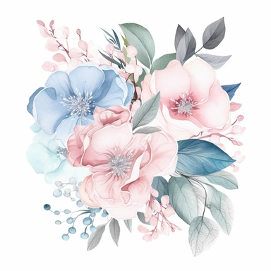 minimalistic and filigree watercolor clipart of a beautiful Dreamy soft pink and light blue flower arrangement for wedding cards, white background, seperated