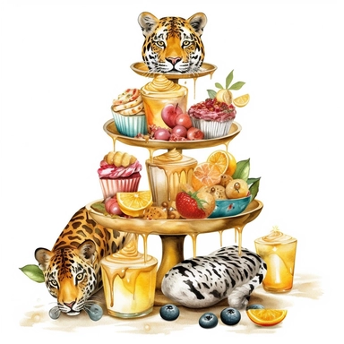 sweet colorful, gold, watercolor, honey Lemons Clipart, Macaroon,cupcake, variety of fruit juice drippin, on luxury stand, luxury Icon Set, with cheetah, detailed, isolated white background, hand painting , single design