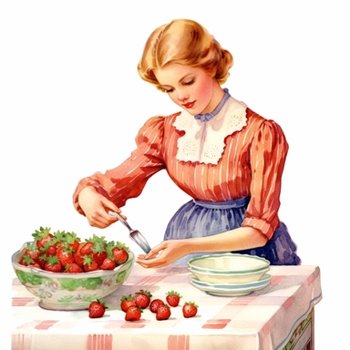 vintage style a beautiful woman preparing strawberry cake on kitchen counter clipart, strawberry cake, strawberries, vibrant colors, 1960, vintage, watercolor, realistic drawing in storybook illustration, pencil drawing by Angela Barrett, Elsa Beskow, hand fix, ultrafine detailed, highly detailed, high resolution, 8K, white background