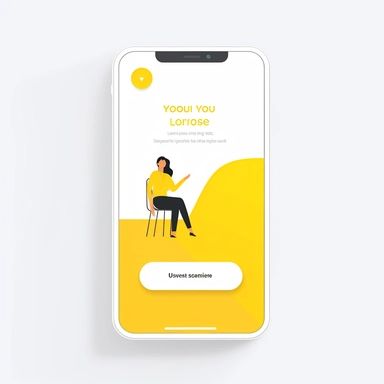generate a sign up page mobile screen ,ui design, flat mobile view, yellow color large signup with gmail button in the middle of the screen ,minimalistic,clipart of a woman using Bit coins, white background, illustration,some text before the button,white color background,yellow color Button,home pahe logo on the right top of the screeen,some blank space on the bottom of the screen,flat vector, Figma, dribbble, user interface