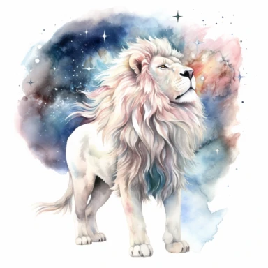 watercolor clipart of celestial white roaring lion, full body shot, cosmos in background, on white background