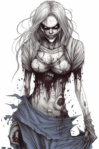a college girl, fit-thick-build, wearing a high skirt and a cropped linen shirt, plunging neckline terrifying and evil Female Zombie, Full body, dripping liquid hand drawn, white background, pencil sketch, black and white, line art, coloring page for adults, printable outlined art, thin lines, intricate details, crisp lines, highly detailed, illustration, digital art, vectro, clip art, kawii, detailed grayscale, hand drawn art, charcoal sketch