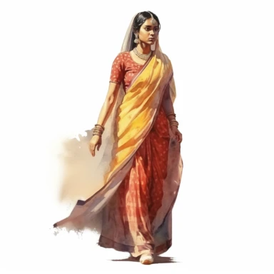 watercolor style, full body view, beautiful woman from India wearing traditional clothes, very detailed, realistic, clipart, isolated on white background, 4K