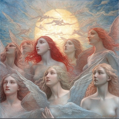 clipart, pastel blue sky, gray black clouds, red sun, white angels fly in the clouds, realism, white background, Painting By Jean Delville, heavenly, fresco