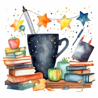 Whimsical watercolor clipart, back to school banner, set of graphics, including black board, stack of books, stationery items in a rusty cup, paint, notebook, bunting, stars and dots, white background