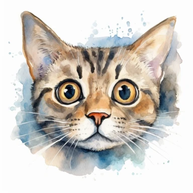 a curious cat with its head tilted, peering curiously at something, perhaps with wide eyes and perked ears. Aquarel, clipart