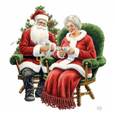 Santa Clause and old Mrs. Claus with her hair in a bun knitting a sweater sitting in rocking chairs by a decorated Christmas tree, clipart with white background, clearly defined separate image, high quality, vintage style--ar3:4-no mockups, watermarks, numbers, writing, letters--q2--v5.1--s1000