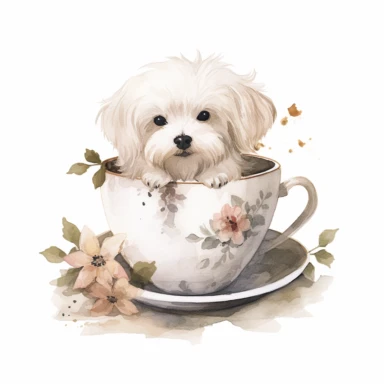 A Maltese dog sitting in a vintage tea cup, surrounded by tea leaves and delicate tea roses, creating a whimsical and charming composition, with a white background and watercolor clipart.