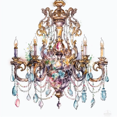 Make a clipart of a watercolor victorian chandelier, rococo, with bright pastel colors, gold accents, black outlines, hd, white background