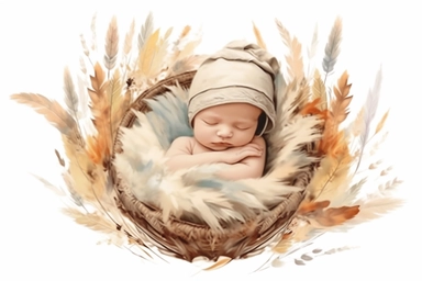 cute watercolor newborn boho sleeping baby in crible and pampas grass, isolated white background, babyshower clipart, 8k, bright beige boho colors