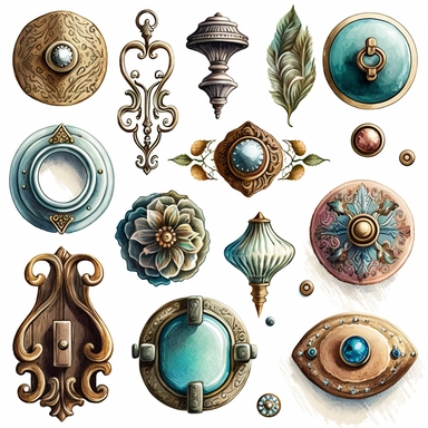 Illustrations of vintage drawer pulls, white background, watercolor, hyperrealism, high detail, isolated elements,clipart