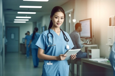 brunette asian nurse wearing blue scrubs looking camera left holding an clipboard in a hospital room + slight smile + photorealistic cinematography + full body + angelic daytime lighting + stock photo, high quality, hyper realistic, cinematic, clear tones, photorealistic, no clipping, 8k,