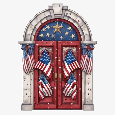 4th of July Patriotic Clip art of patriotic door, png Full body realistic cartoon in 32K UHD cute, 15 cm thick outline. Black color, 8k with realistic watercolors and detailed illustrations. PNG clipart, transparent white background