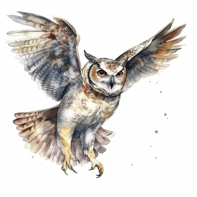 A Cute Owl Flying.Watercolor hyper-realistic detailed animal illustrations, elegant inking techniques, delicate markings, monochromatic paintings, free brushwork, watercolor illustrations, painted illustrations Clipart, White Background