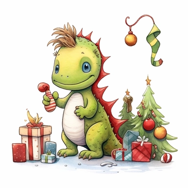 Christmas tree with toys, cute funny avocado green dragon, red cardigan, snow, winter, style by Lusy Fleming, folk art, watercolor, clipart elements, smooth gradients, black contour outline, ultra detailed, white background, super clear, high quality