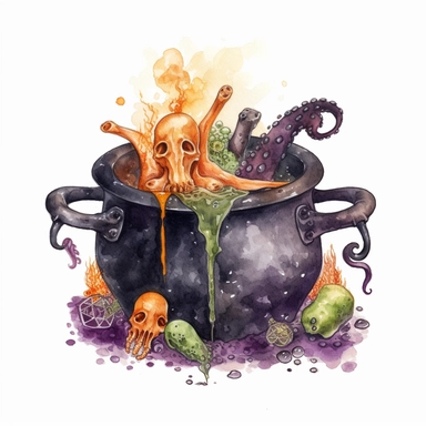hand drawn black cauldron with bubbling potion, large bone in the cauldron, an octopus tentacle coming out of cauldron and hanging on the side, Halloween, purple orange and green shades, fantasy, glamorous, clipart style, detailed and realistic, watercolor, white background with margins