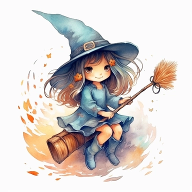Little witch riding a broom, watercolor illustration high definition, cute character, Sublimation Clipart, hyper realistic, intricate detail, illustration style, isolated on white background for style by Lucy Fleming, watercolor, smooth gradients, black contour outline, ultra detailed, clipart elements, delicate pastel colors, solid white background, super clear, high quality