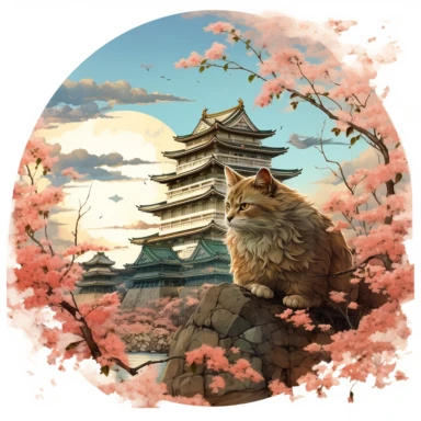 cherry blossoms laden on Osaka Castle Bottom, Siamese Cat wearing a Japanese kimono, sunrise, Clipart Watercolor