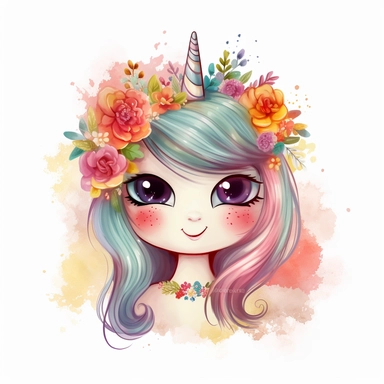 cute unicorn in chibi style with flowers in hair, colourful rainbow colours, well lite, with name plate ribbon with gold trim, watercolor clipart using procreate grain brush, svg white background