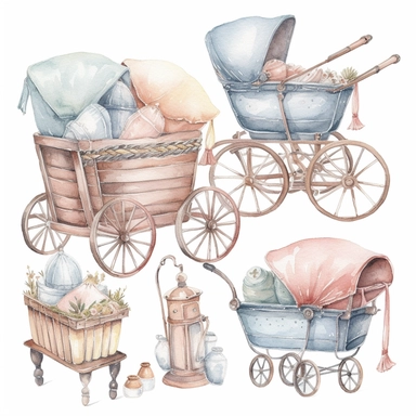 Generate a watercolor clipart series of classic baby items, such as prams, bassinets, and mobiles. The colors should be soft and soothing, with lots of pale blues, pinks, and yellows. The images should be detailed and sophisticated, with clean lines and refined details, white background