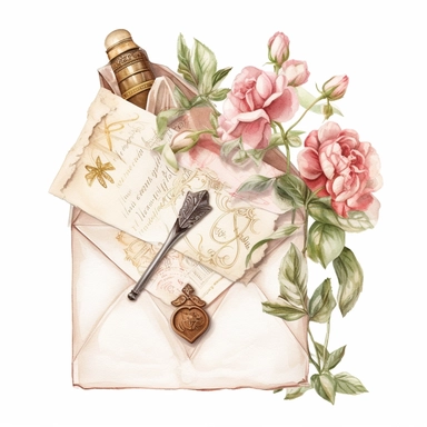 watercolor, hyper realistic, white background, white margins, 16k, ultra detailed clipart, cut out image, hand-drawn, whimsical a sealed envelope with a wax seal, adorned with delicate floral patterns, representing the timeless art of expressing love through handwritten letters. Romantic Vintage - Soft Pink and Ivory