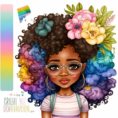 2d watercolor clipart kawaii, spring, april, character of beautiful african american woman, Intricately rendered dark Skinned woman, full body portrait, intricately rendered, 8k, long thick curls brown hair, sparkles, generously detailed, hyper realistic, digital, long rainbow eye lashes, beautiful retro comic urban chick, smart, books, nerdy, glasses, 8k,