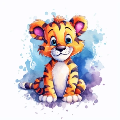 a colorful tigger with kind eyes clipart with watercolor illustration,full body shot,8k,etsy style, white background