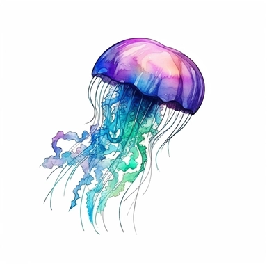 Graceful Jellyfish, captivating marine environment, clipart, watercolor style, vivid blue green pink colors, white background