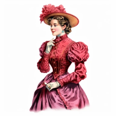 Victorian characterlady looking innocent, vintage clipart, in vibrant colors, isolated white background, 8k