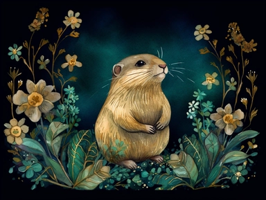 deep emerald gold watercolor Gopher with flowers plants clipart, golden metallic lines and some glitter, shining colors, dark background, 8k, high resolution