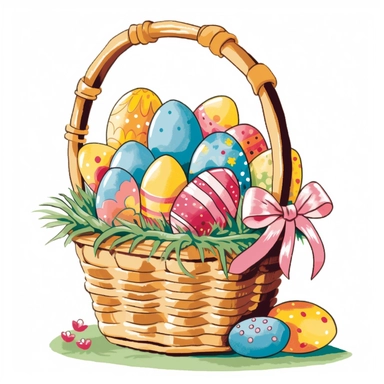 The clipart could feature an Easter basket filled with treats such as candy, eggs, and toys. The basket could be decorated with ribbons or bows, and there could be some grass or flowers around it. The treats could be arranged in a neat and colorful display, with some items spilling out of the basket to make it look more inviting.