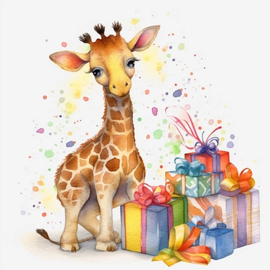 please create watercolor clipart of a giraffe, smiling, wearing party clothes with birthday presents, colorful