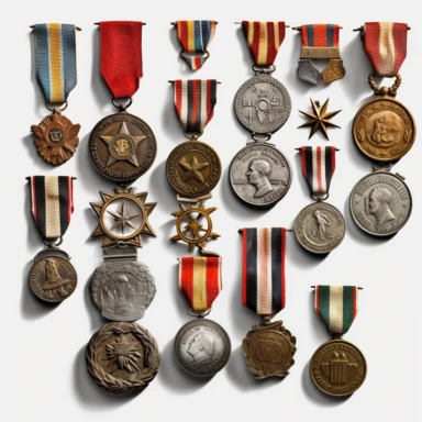 a clipart gallery of army medals, world war 2, oil painitng, white background, photo realistic, gritty realism