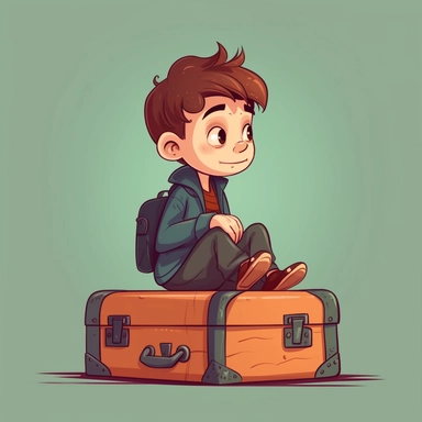 Cute little boy character sitting on a suitcase, kids style, 2D, vector, good quality, Pixar children's book illustration, vector, cartoon character, hand drawing, clipart