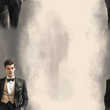 Create a captivating and highly realistic digital watercolor clipart of a groom in a full-body pose. The groom should be impeccably dressed in a classic tuxedo, exuding confidence and elegance as he stands proudly in his wedding attire. Pay meticulous attention to the details of his tuxedo, including the lapels, buttons, and bow tie, capturing the textures and folds with the fluidity and translucency characteristic of watercolor painting. The color palette for this artwork should consist of soft